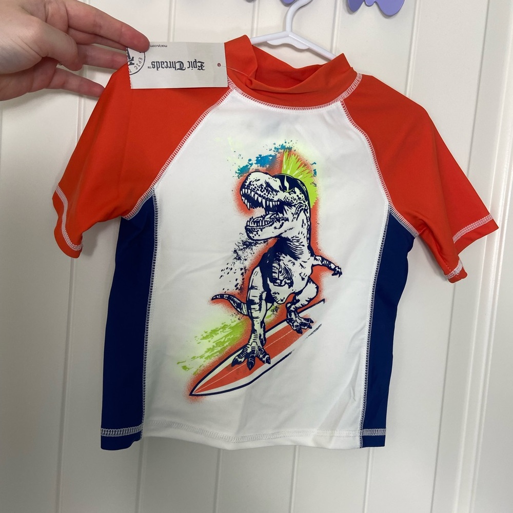 NEW Epic Threads toddler boy’s orange blue dinosaur surfer‎ swim shirt top 3T